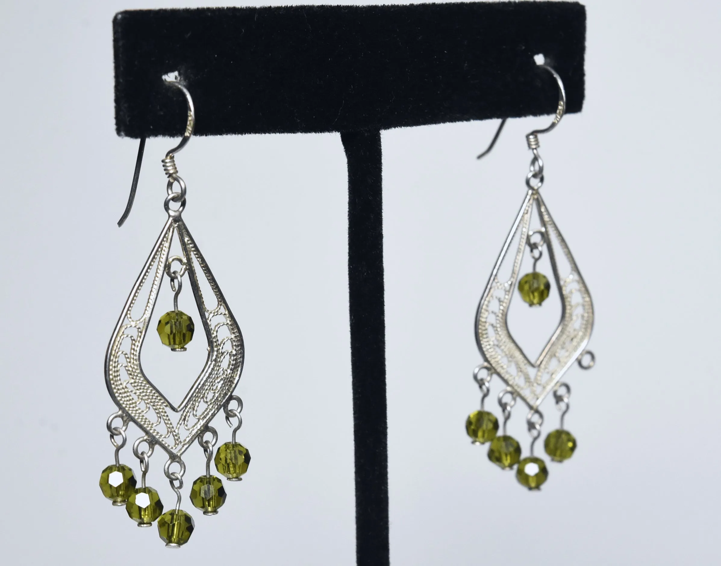 Sterling Silver Filigree Green Glass Bead Dangle Earrings