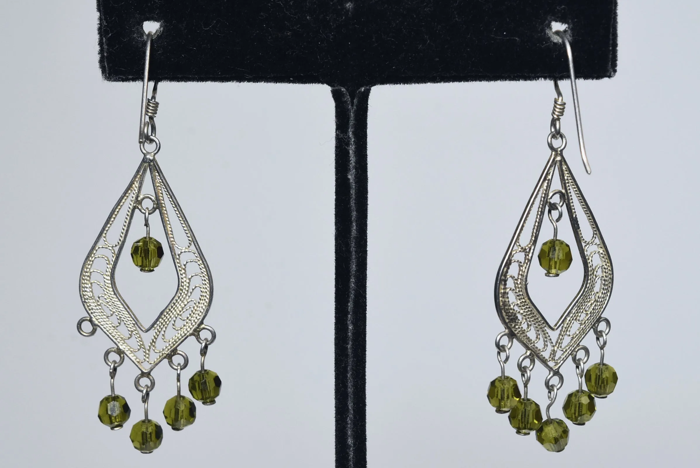 Sterling Silver Filigree Green Glass Bead Dangle Earrings