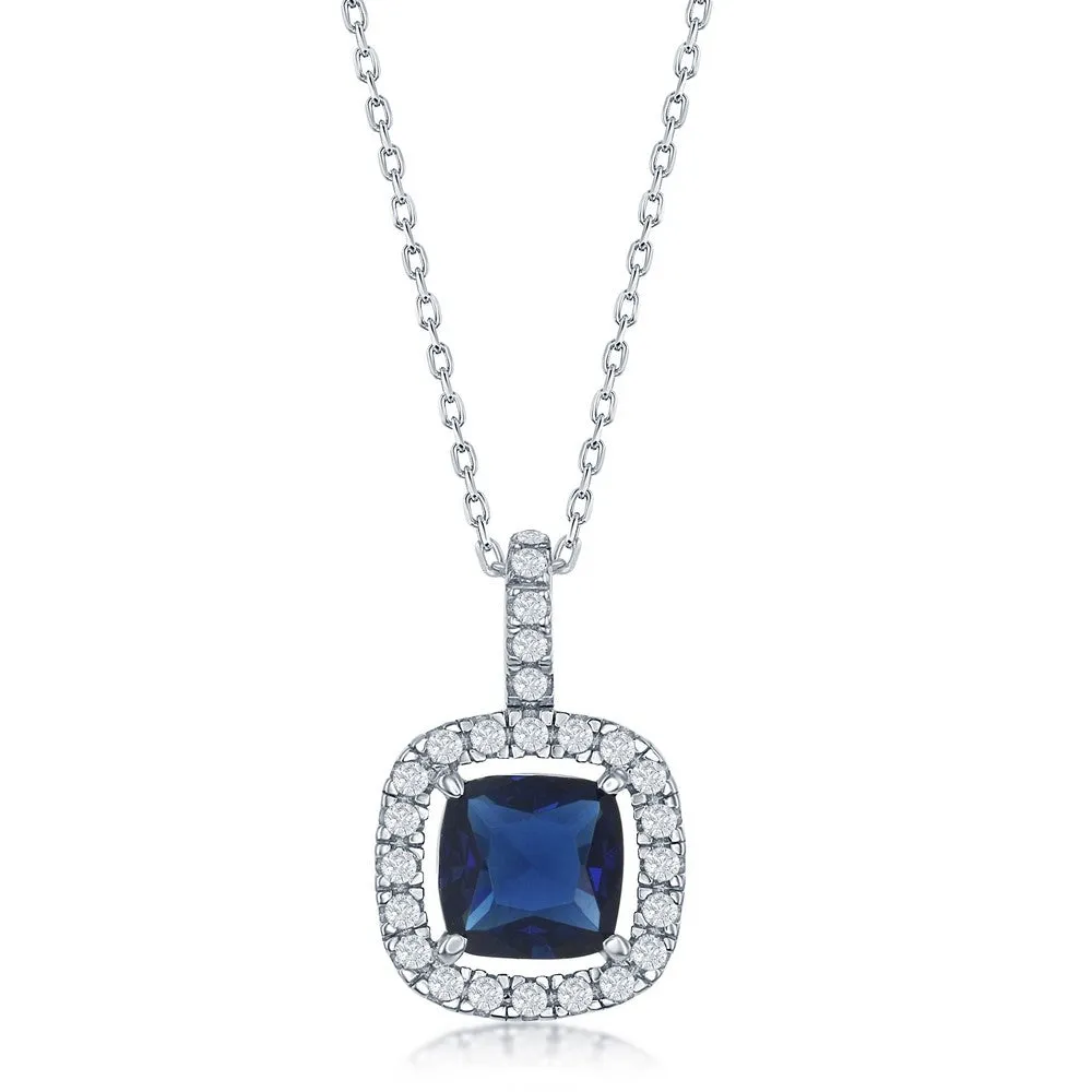 Sterling Silver Genuine Sapphire Corundum and White CZ Micro Pave Square Stud Pendant (94064)