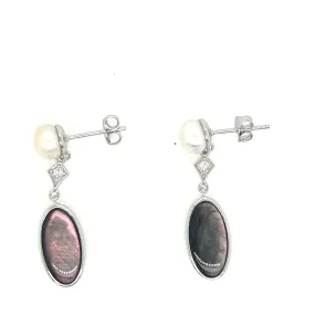 Sterling Silver Gray Mother of Pearl and White Topaz Drop Earrings