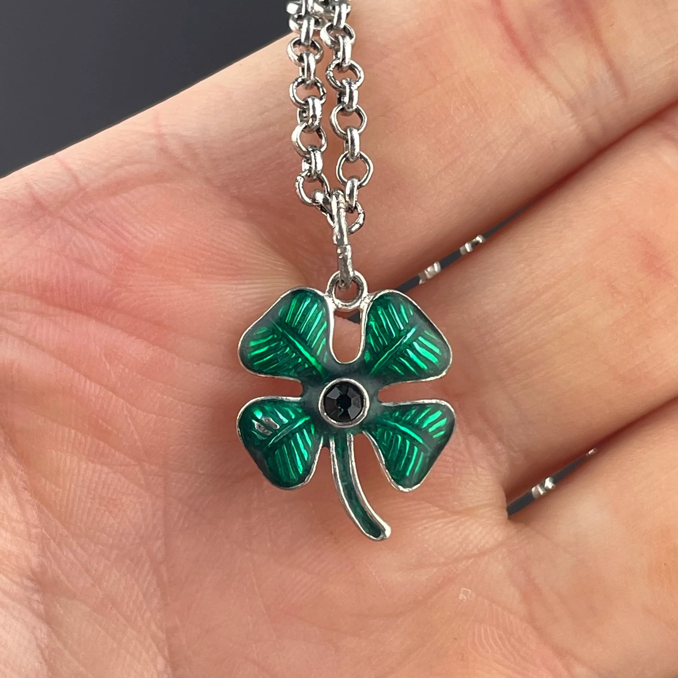 Sterling Silver Green Enamel Four Leaf Clover Pendant Necklace