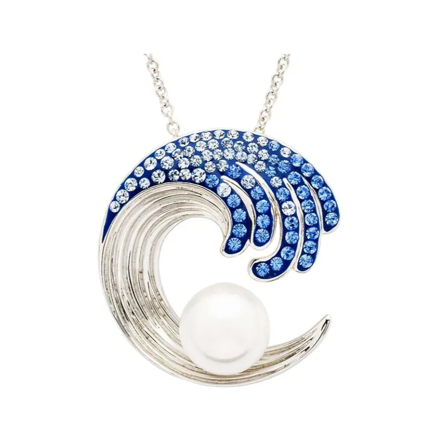 Sterling Silver Pearl / Sapphire Crystal Wave Necklace