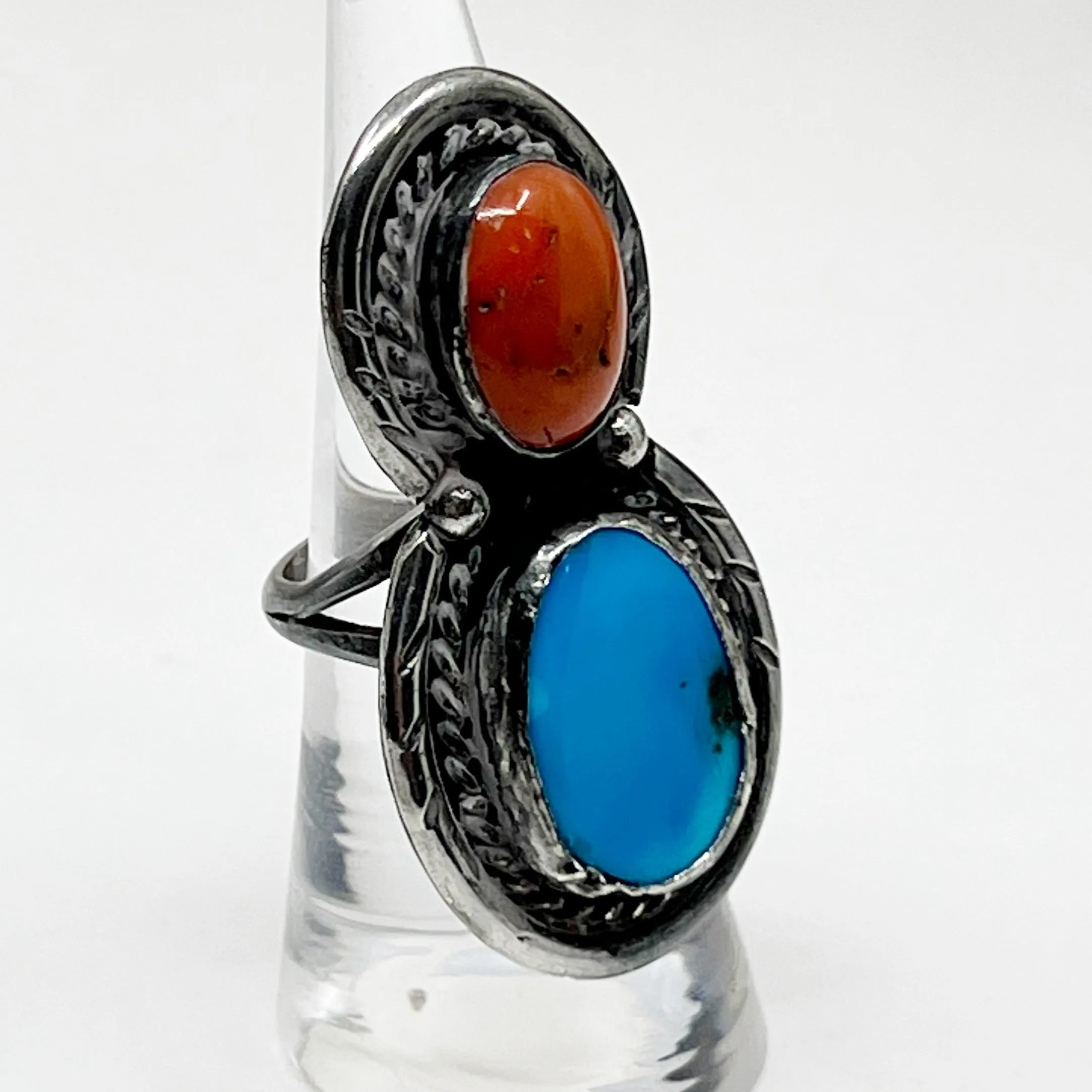 Steven Apachito Navajo sterling silver turquoise & coral ring GM121