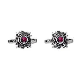 TEEJH Niya Pink Stone Silver Oxidised Toe Rings for Women