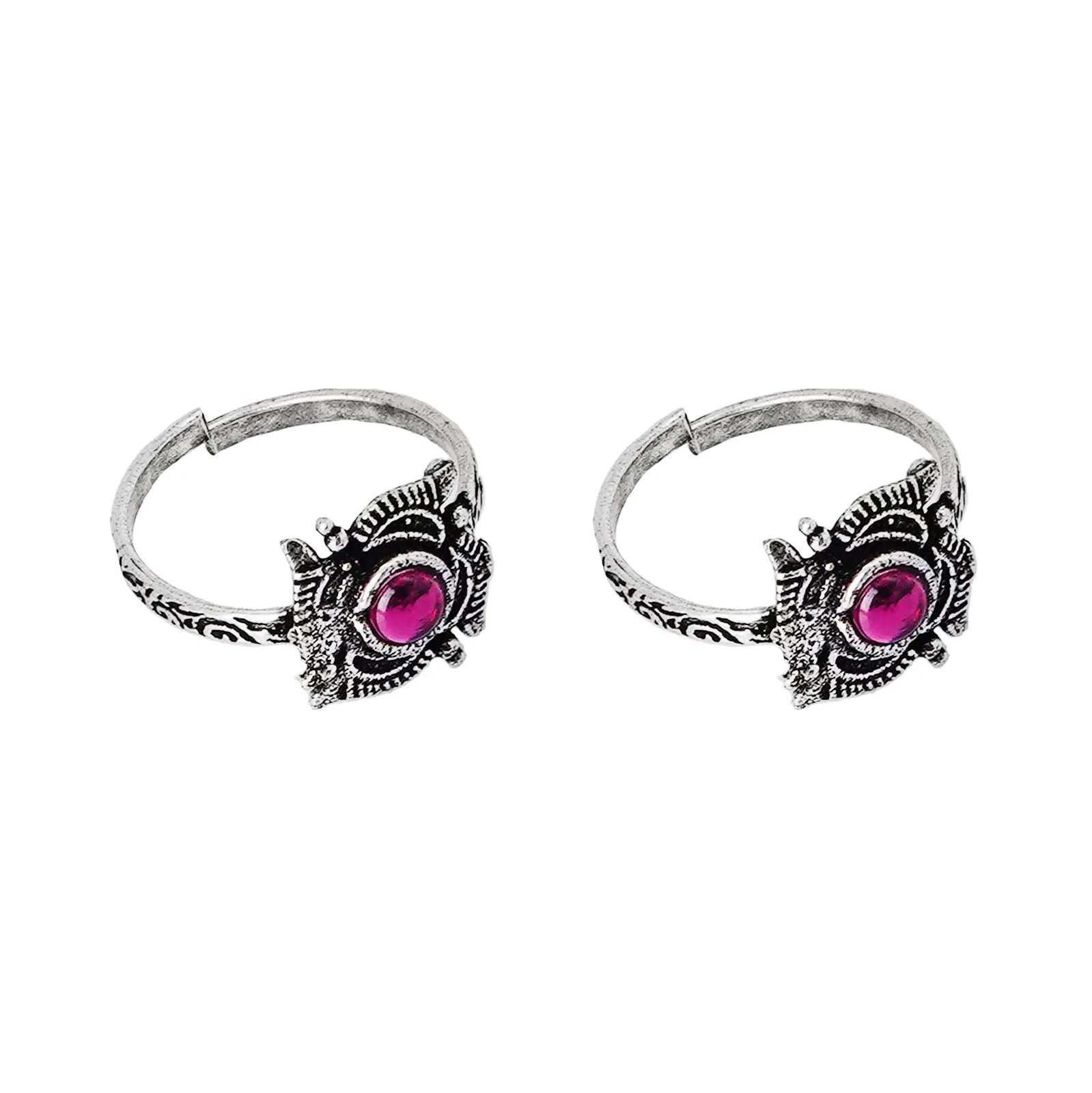 TEEJH Niya Pink Stone Silver Oxidised Toe Rings for Women