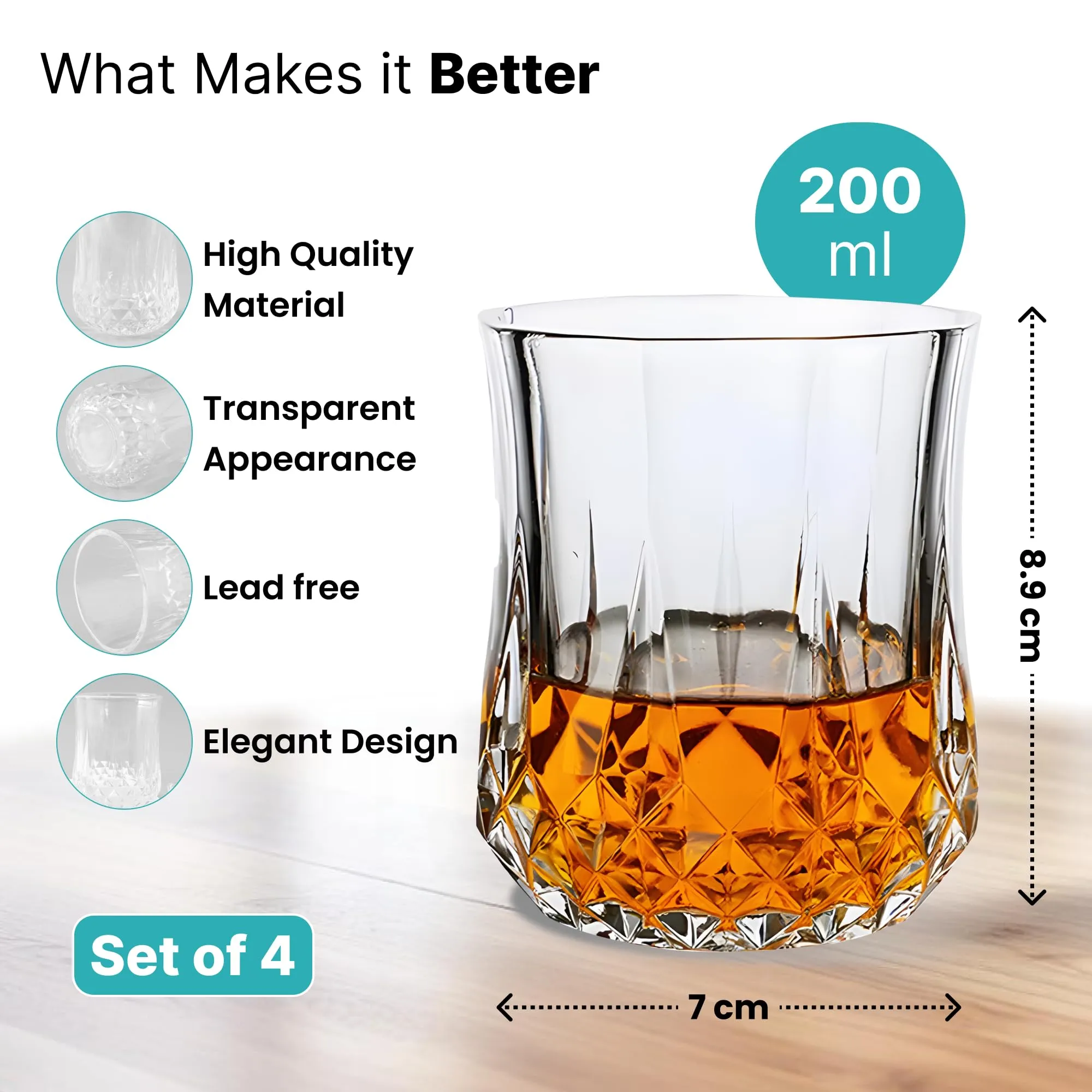 The Better Home Whiskey Glasses Set of 4 (200ml Each) | Lead Free Neat Whiskey Glass | Heavy Bottom Drinking Glass | Crystal Glass for Bar Home | Glass for Drinks | Cocktail Glasses | Highball Glass