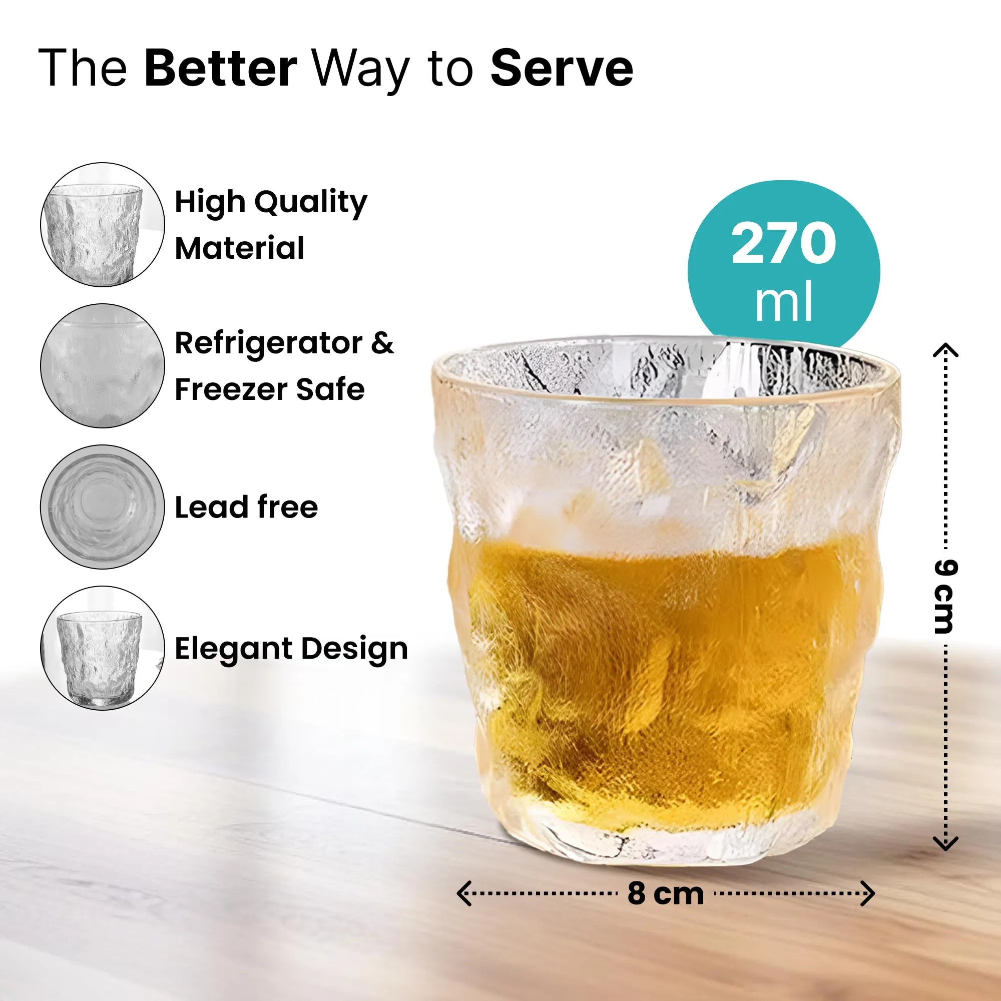 The Better Home Zest Juice Glasses Set of 6 (270ml Each) | Water Glasses | Cold Drink Glass | Lead Free Drinking Glasses | Kitchen Gift Items | Cocktail Glass | Kaanch Ke Glass | Housewarming Gifts