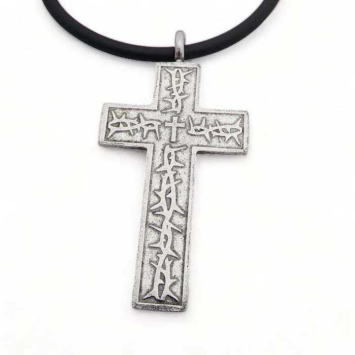 Thorns Cross Antique Silver Finish Pendant Black Cord Necklace