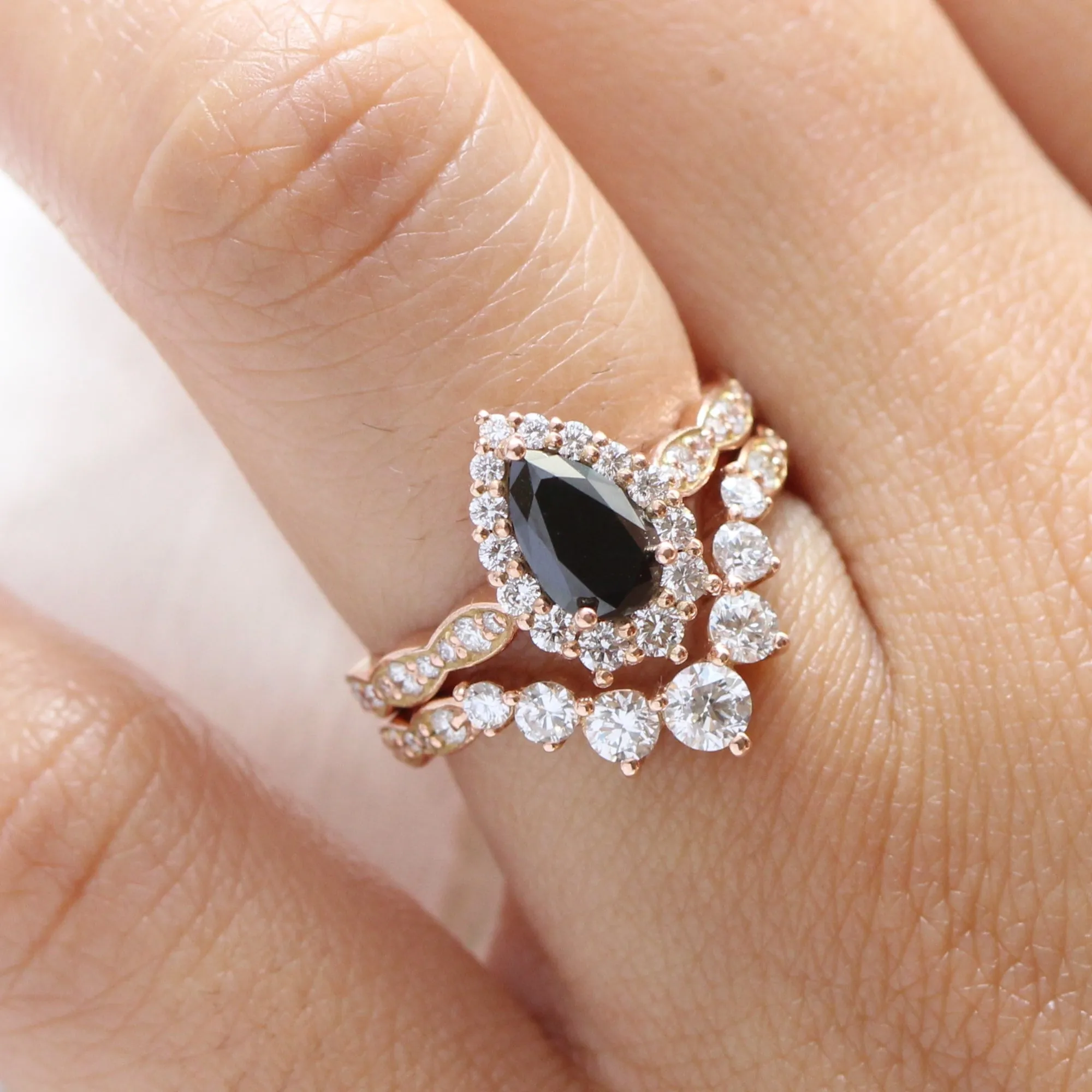 Tiara Halo Pear Black Diamond Ring Set w/ Large 7 Diamond Curved Scalloped Band