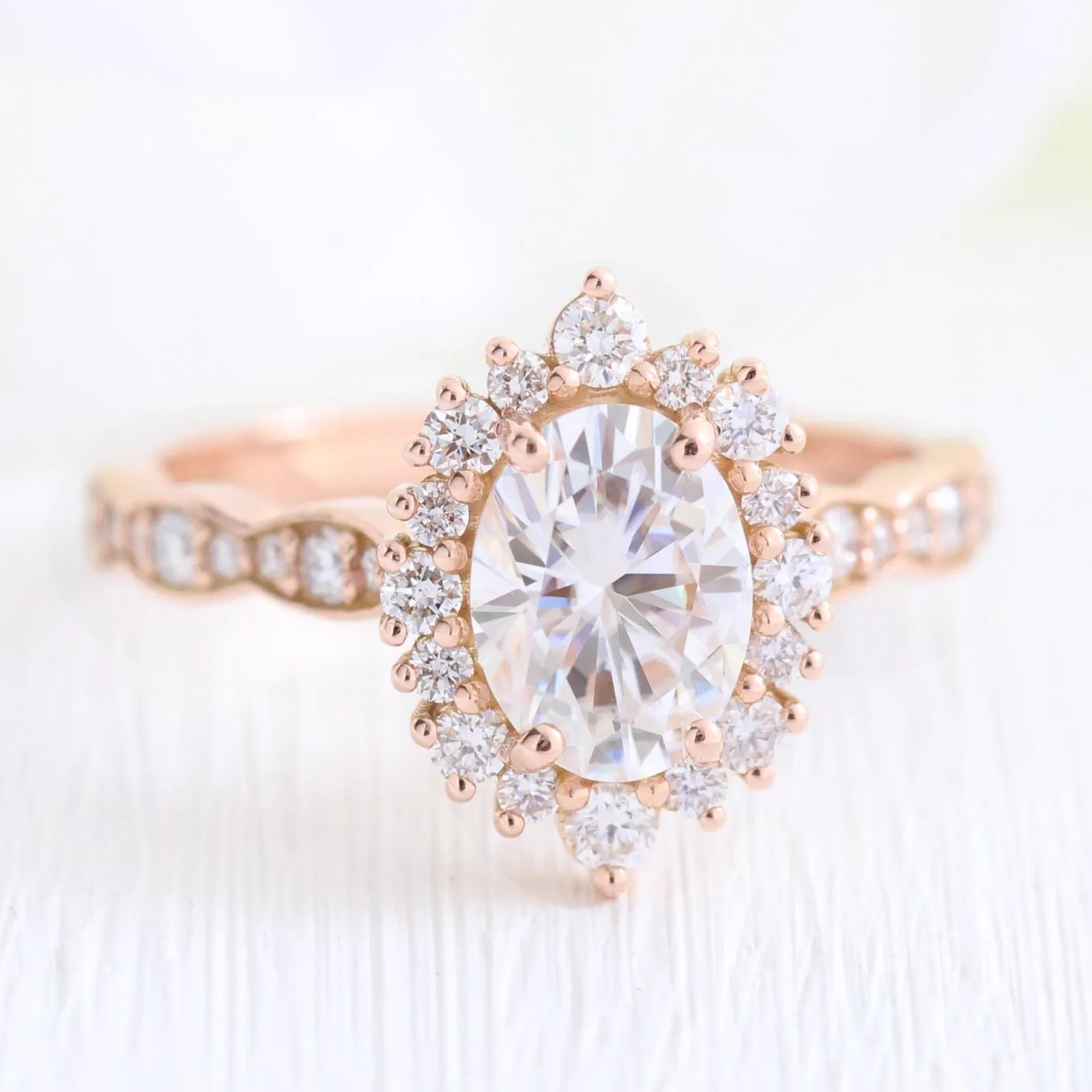 Tiara Halo Scalloped Ring Set w/ Oval Moissanite and Matching Diamond Band