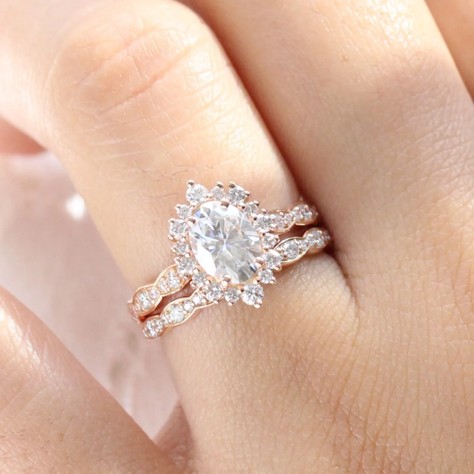 Tiara Halo Scalloped Ring Set w/ Oval Moissanite and Matching Diamond Band