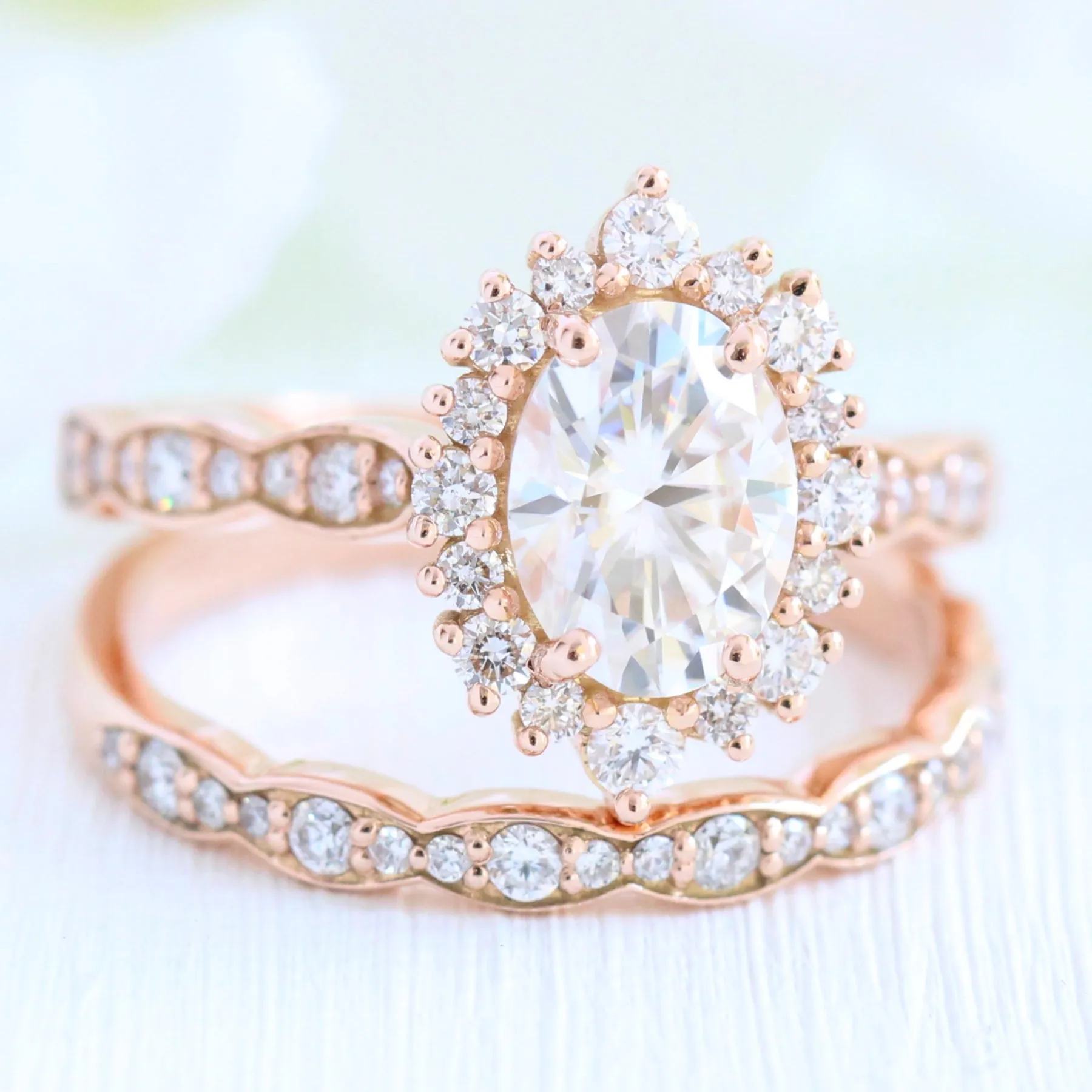 Tiara Halo Scalloped Ring Set w/ Oval Moissanite and Matching Diamond Band