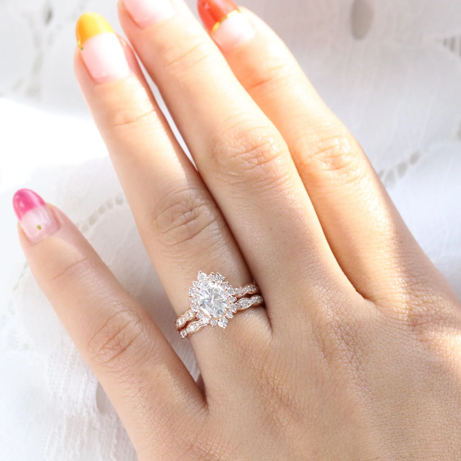 Tiara Halo Scalloped Ring Set w/ Oval Moissanite and Matching Diamond Band