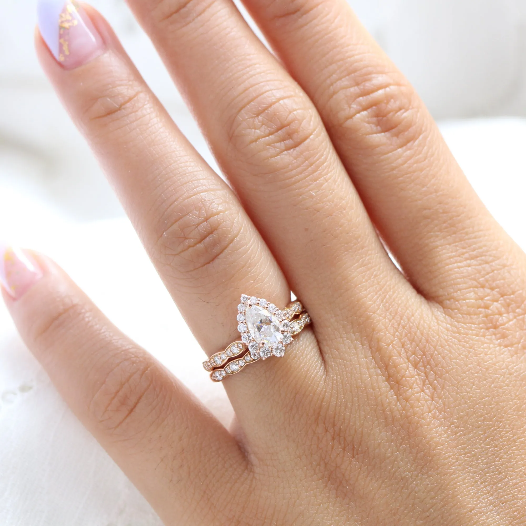 Tiara Halo Scalloped Ring Set w/ Pear Moissanite and Matching Diamond Band