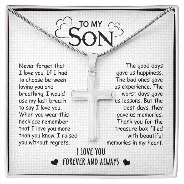 To My Son - No Regrets - Cross Necklace With Message Card - Son Gift For Birthday, Special Gift From Mom, Dad