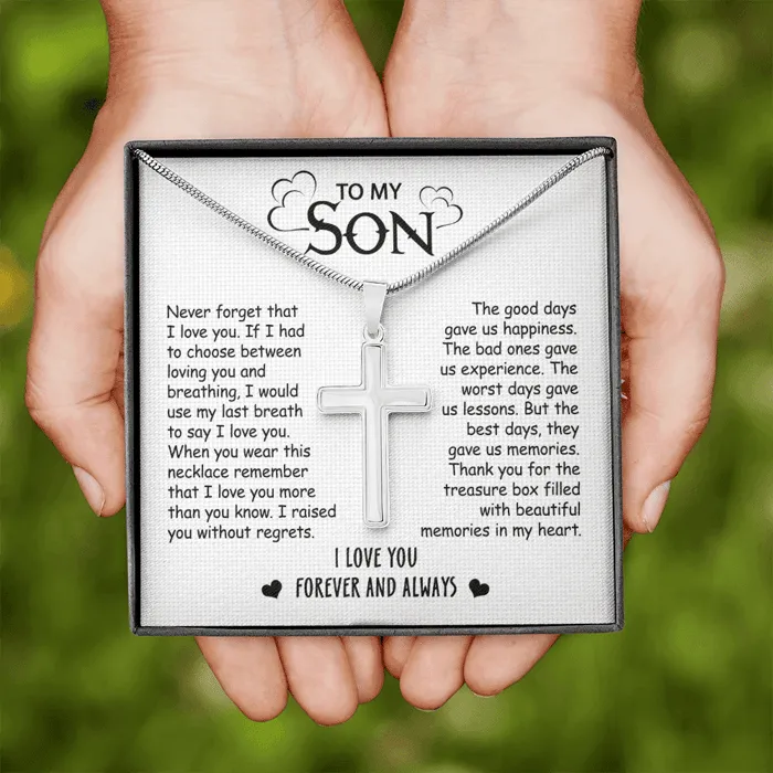 To My Son - No Regrets - Cross Necklace With Message Card - Son Gift For Birthday, Special Gift From Mom, Dad