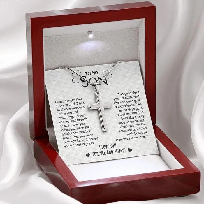 To My Son - No Regrets - Cross Necklace With Message Card - Son Gift For Birthday, Special Gift From Mom, Dad