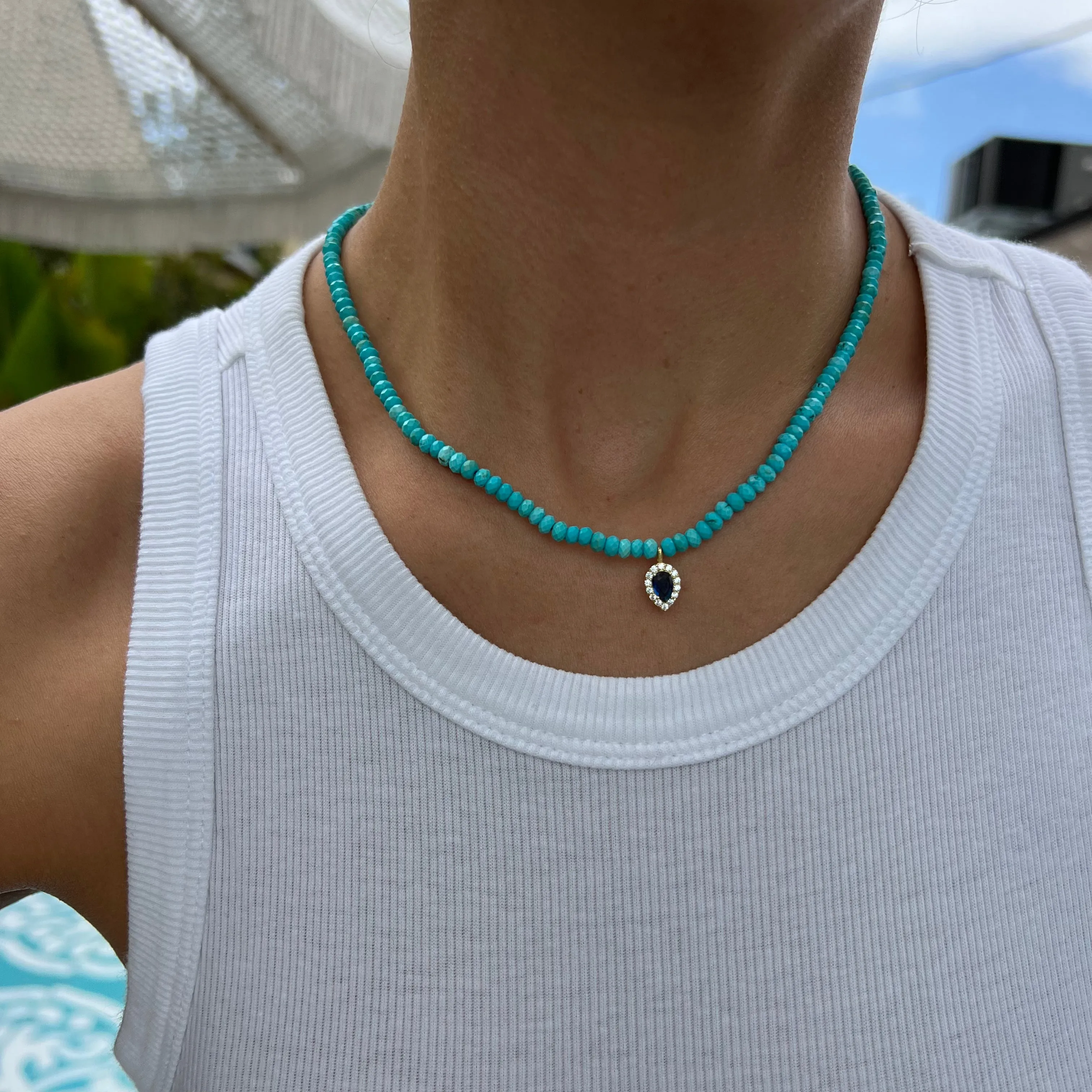 Turquoise beaded sapphire drop stone necklace