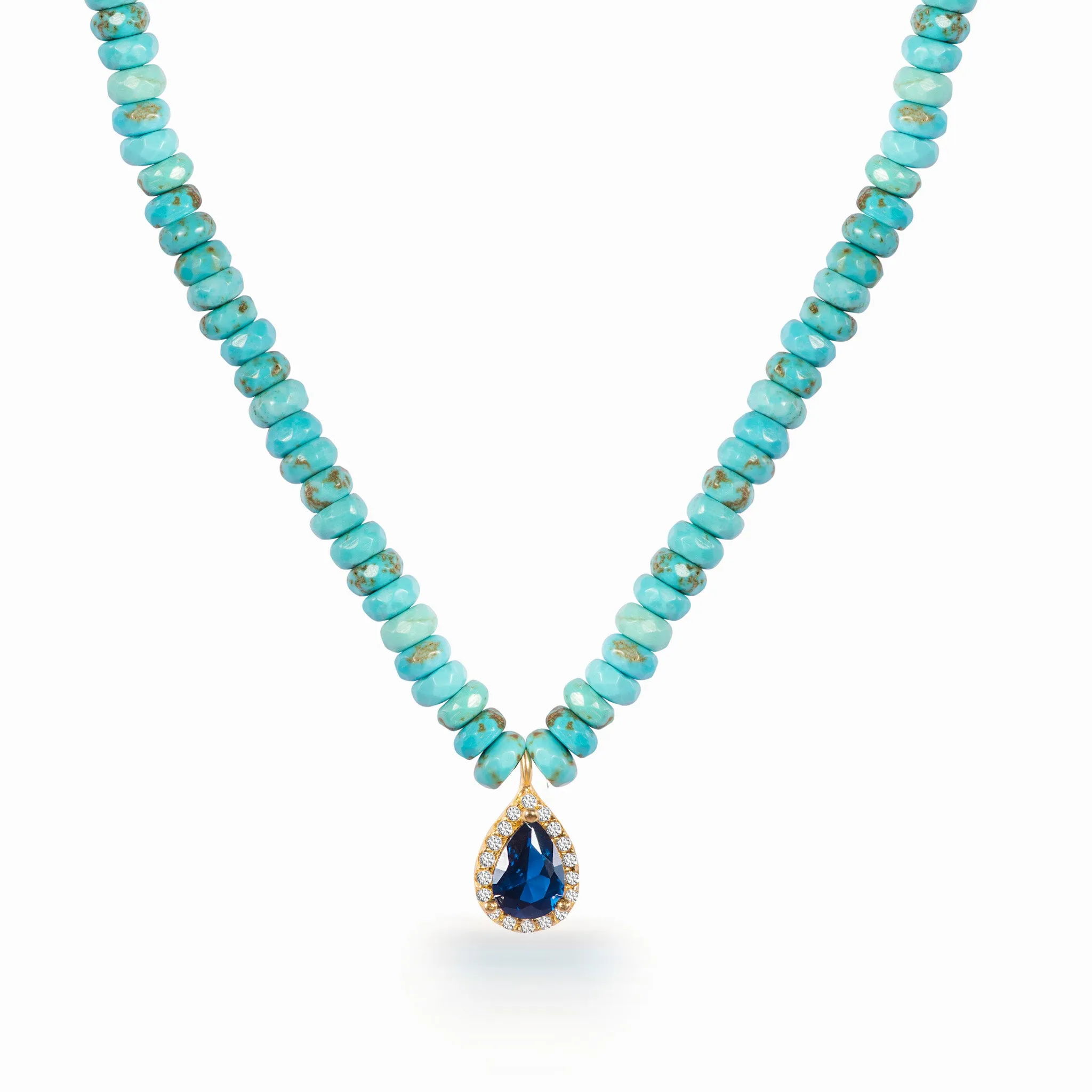 Turquoise beaded sapphire drop stone necklace