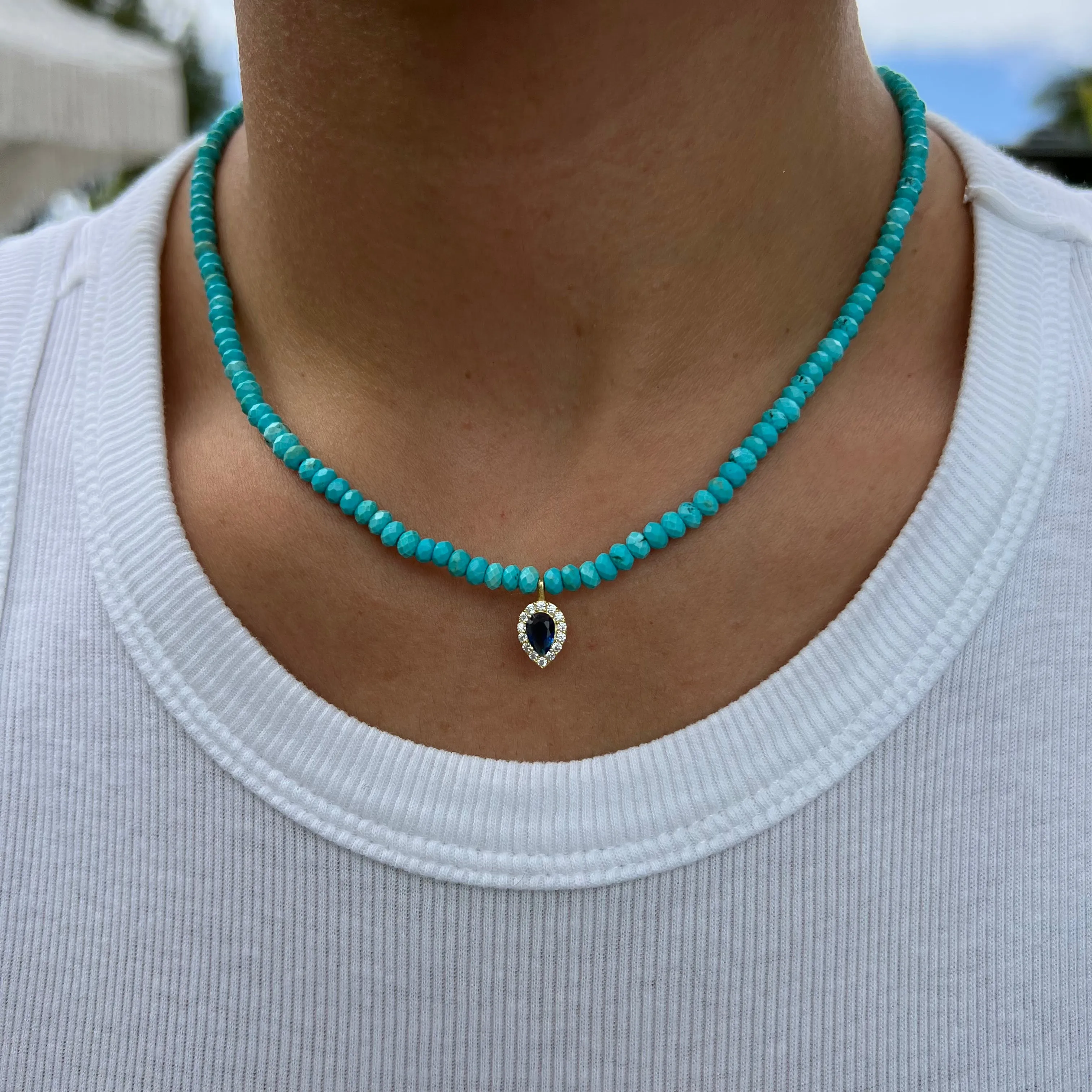 Turquoise beaded sapphire drop stone necklace