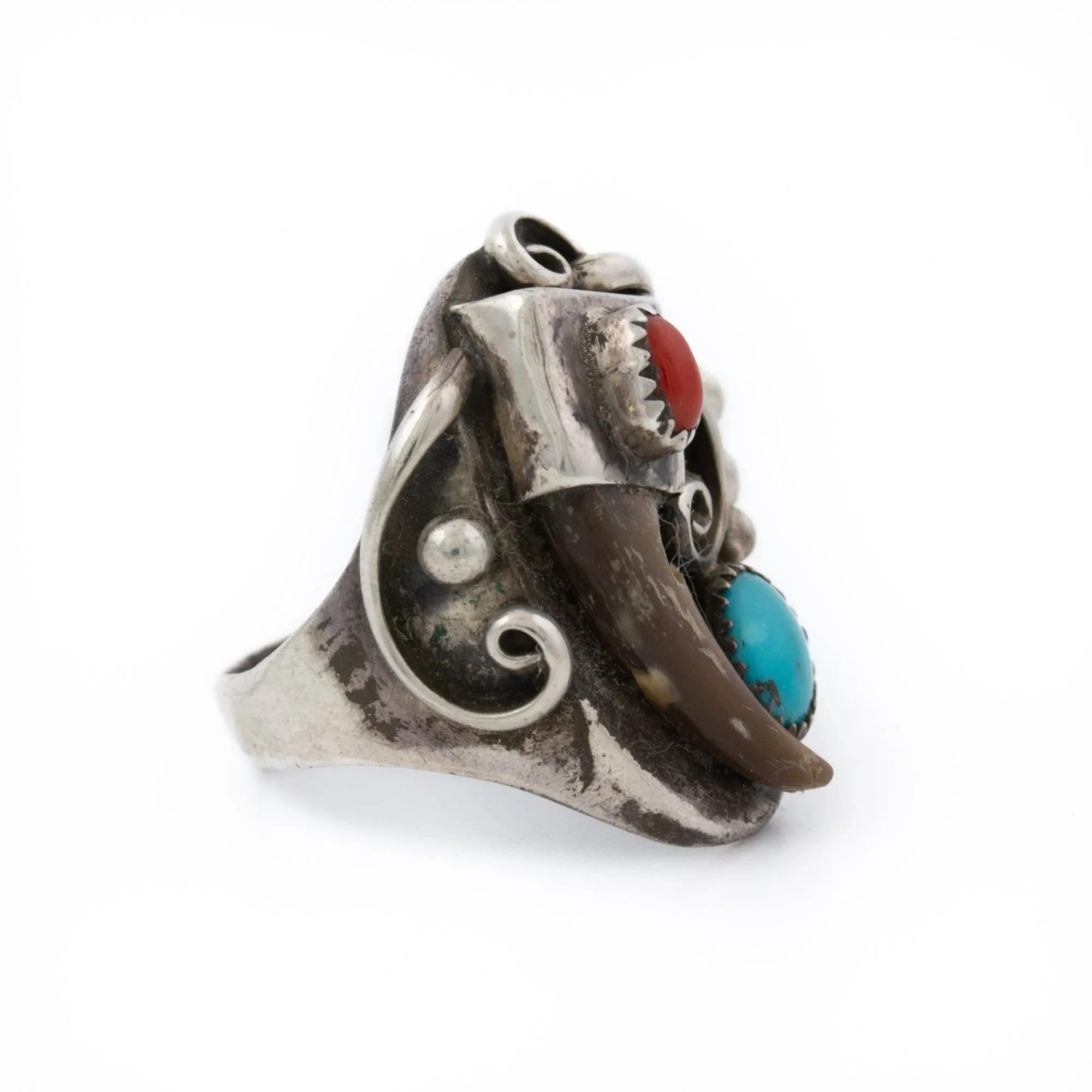 Turquoise x Red Coral Navajo Ring w/ Bear Claw