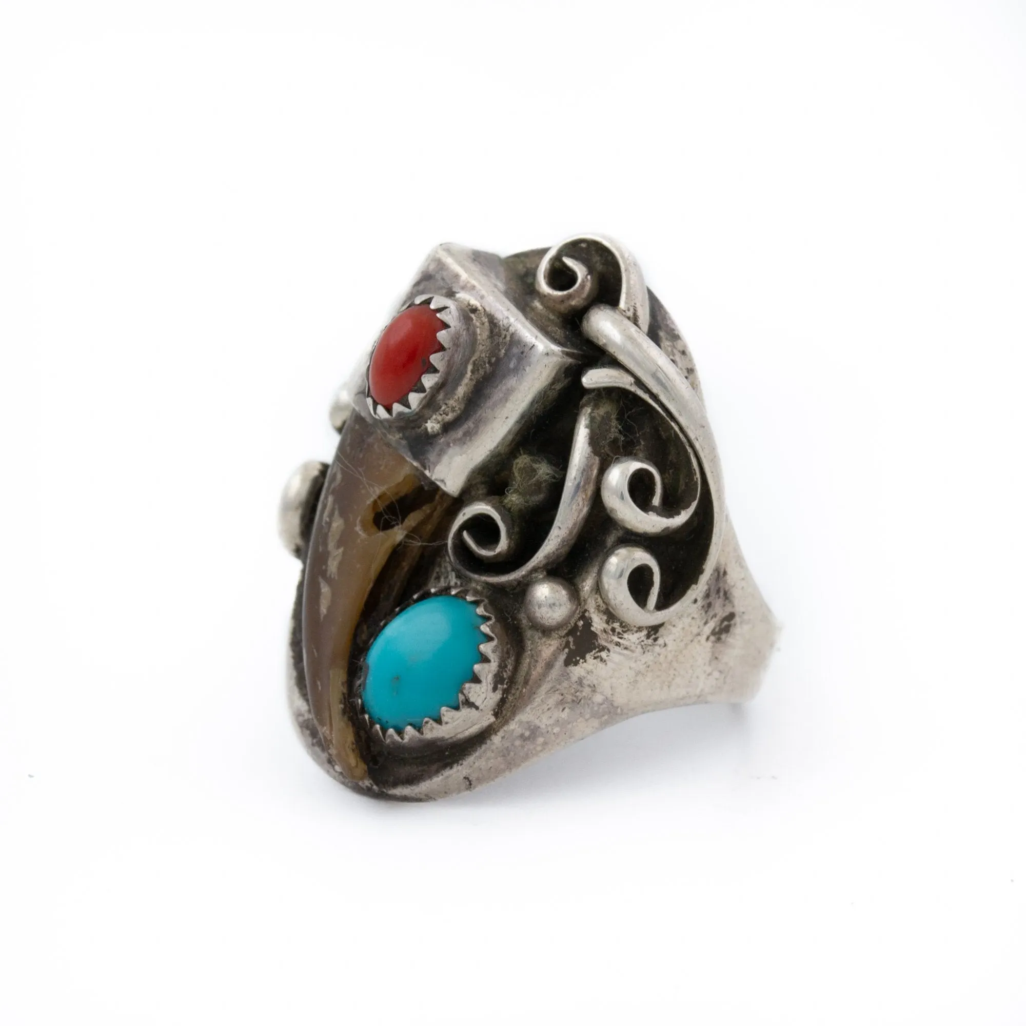 Turquoise x Red Coral Navajo Ring w/ Bear Claw