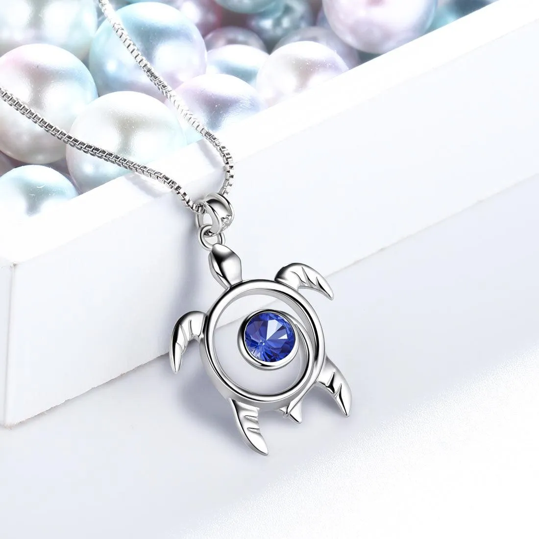 Turtle Birthstone September Sapphire Necklace Pendant Women Girls Jewelry Birthday Gift