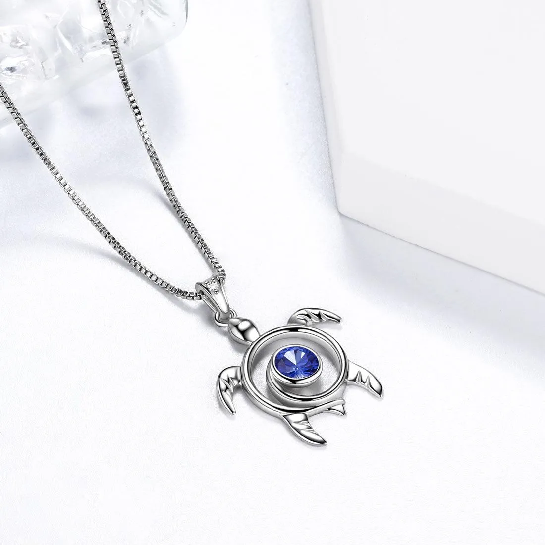 Turtle Birthstone September Sapphire Necklace Pendant Women Girls Jewelry Birthday Gift