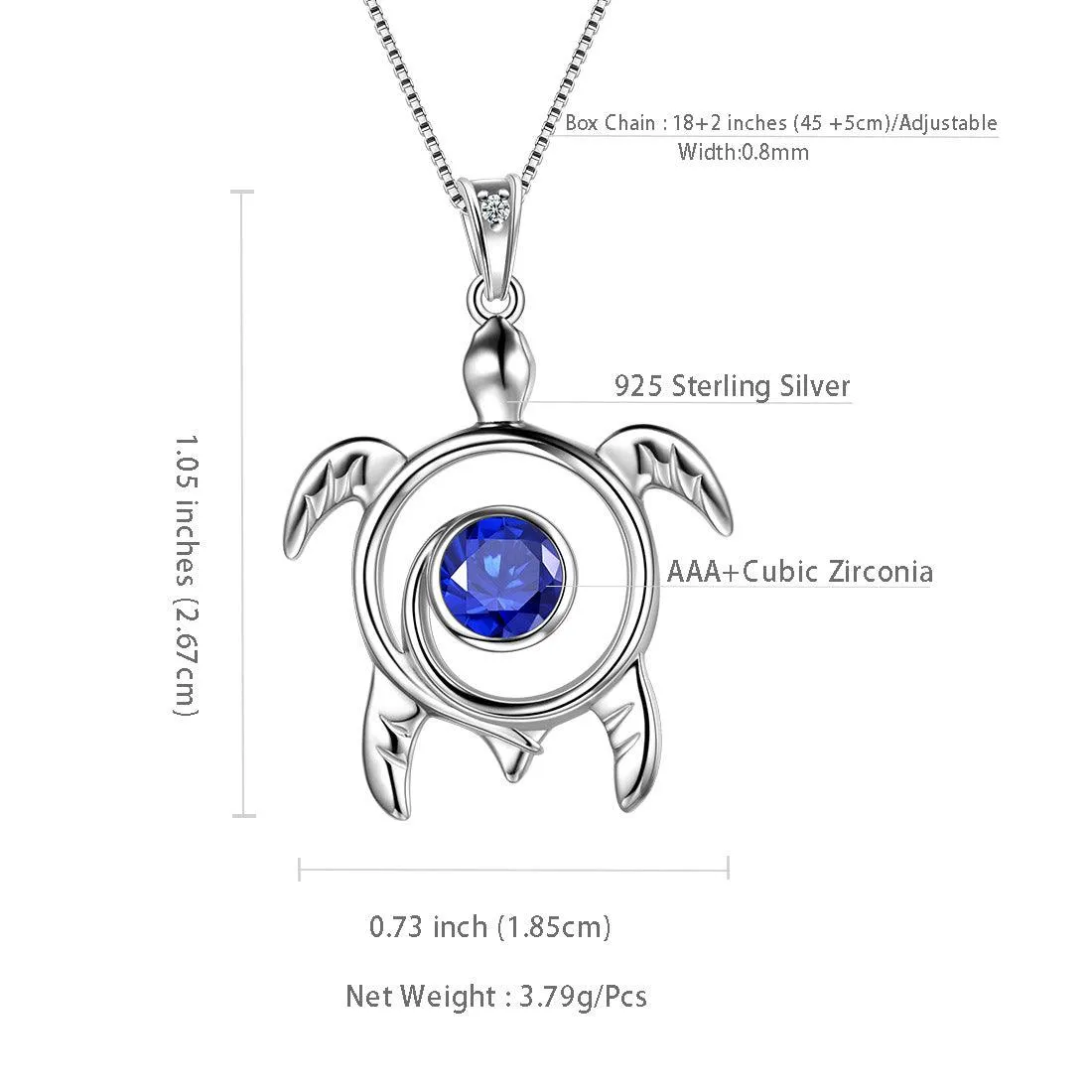 Turtle Birthstone September Sapphire Necklace Pendant Women Girls Jewelry Birthday Gift