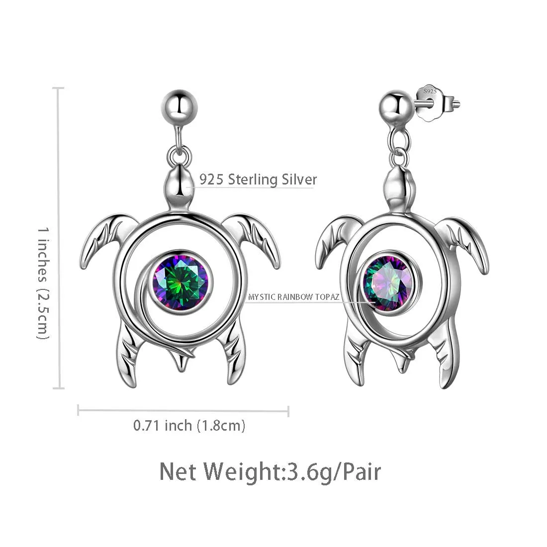 Turtle Rainbow Mystic Topaz Drop Earrings Women Girls Jewelry Gift Sterling Silver