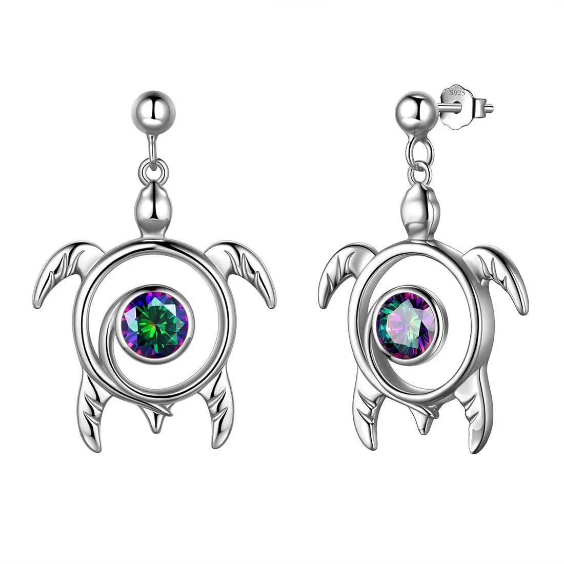 Turtle Rainbow Mystic Topaz Drop Earrings Women Girls Jewelry Gift Sterling Silver