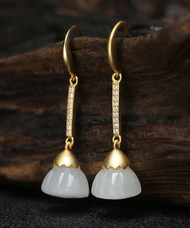 Unique Gold Sterling Silver Overgild Jade Zircon Drop Earrings