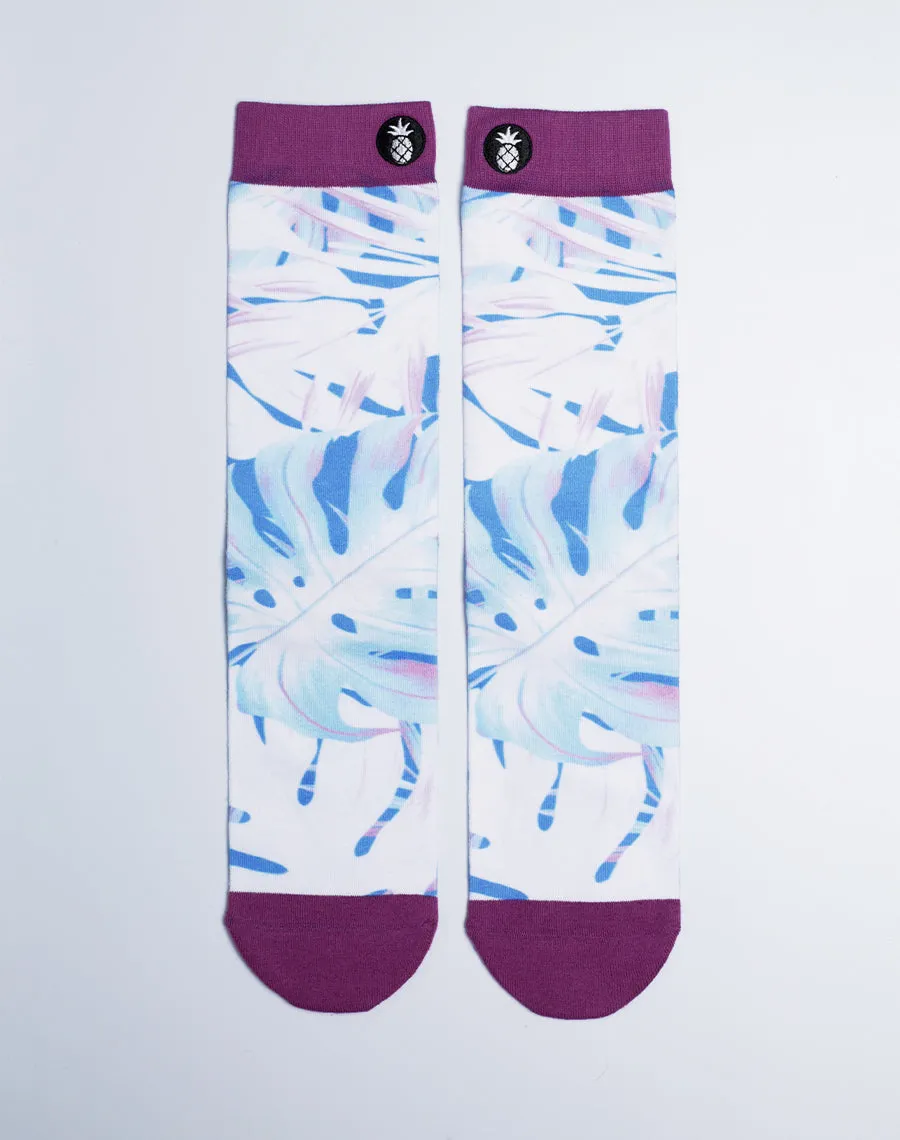 Unisex Neon Palm Leaves Tropical Printed White Crew Socks