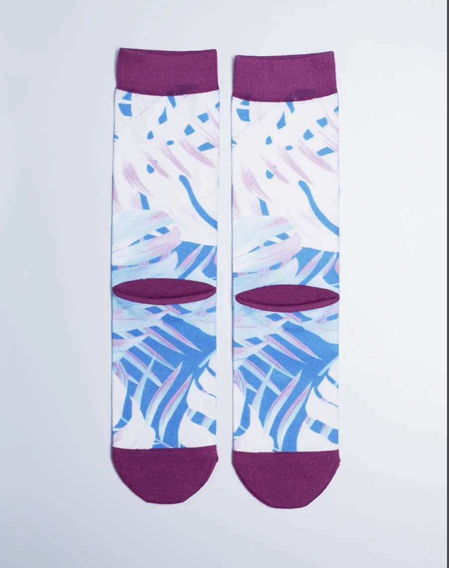 Unisex Neon Palm Leaves Tropical Printed White Crew Socks