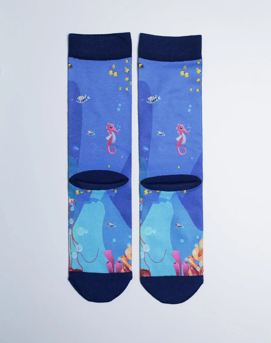 Unisex Ocean Reef Sea Life Printed Blue Crew Socks