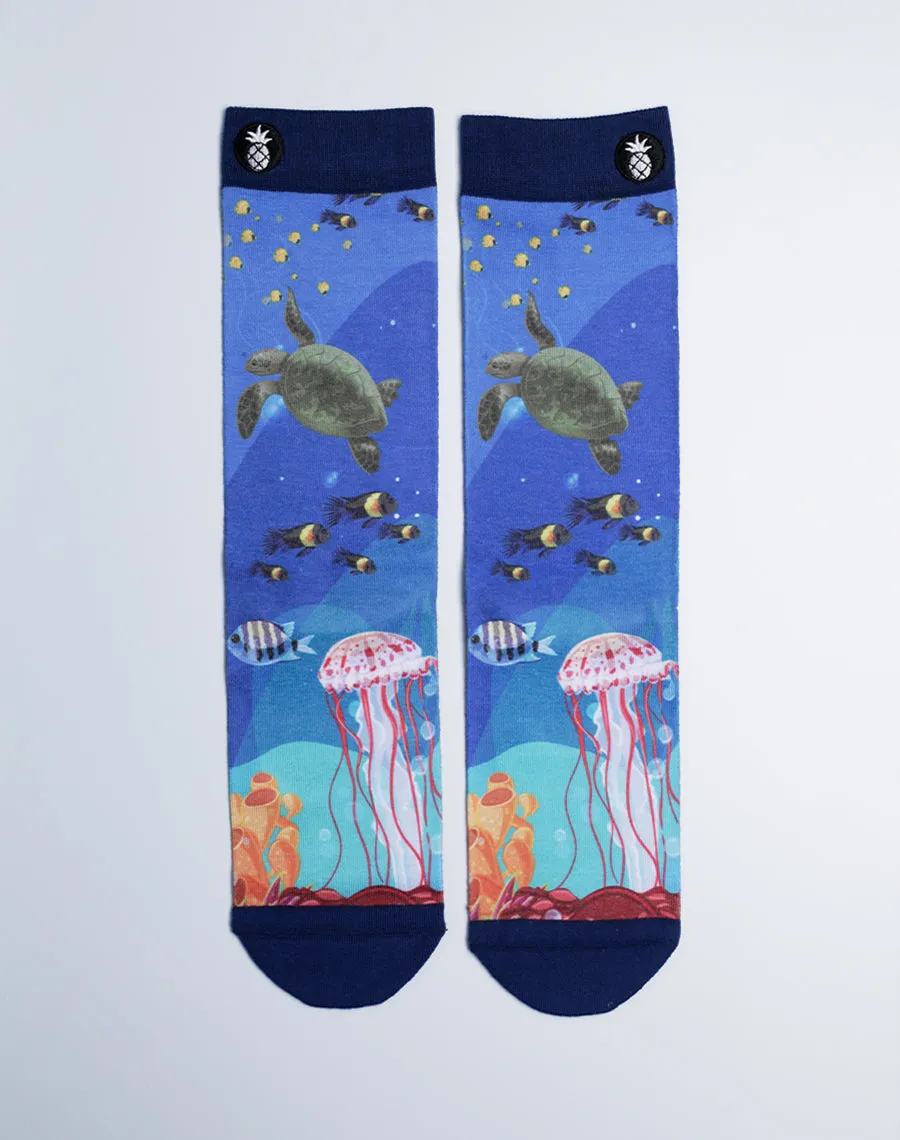 Unisex Ocean Reef Sea Life Printed Blue Crew Socks