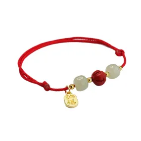 Vermilion Lotus Beads Sterling Silver Bracelet with Hetian Jade