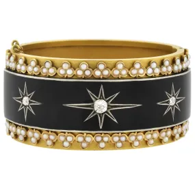 Victorian 18kt Enameled Diamond   Pearl Starburst Motif Bracelet