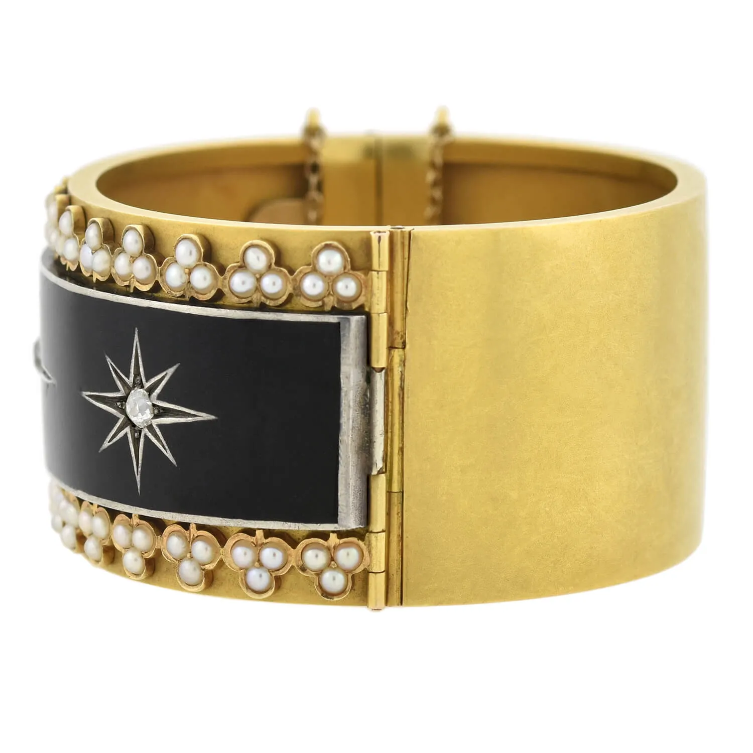 Victorian 18kt Enameled Diamond   Pearl Starburst Motif Bracelet