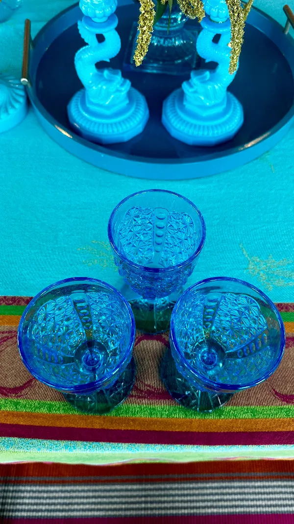 Vintage Blue Water Glasses, L.G. Wright, Daisy and Button Pattern Set of 3