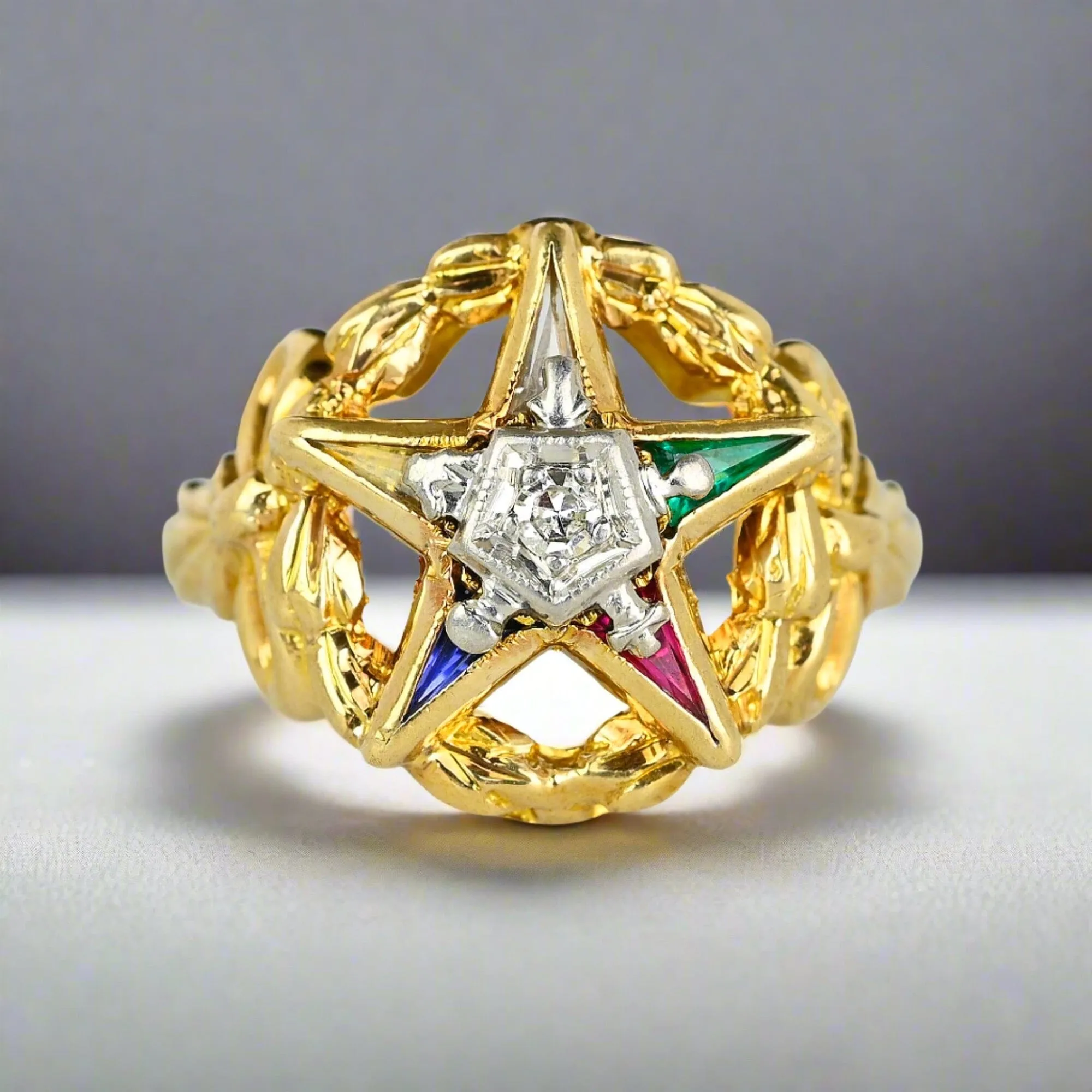 Vintage Diamond Gemstone OES Eastern Star Masonic Ring