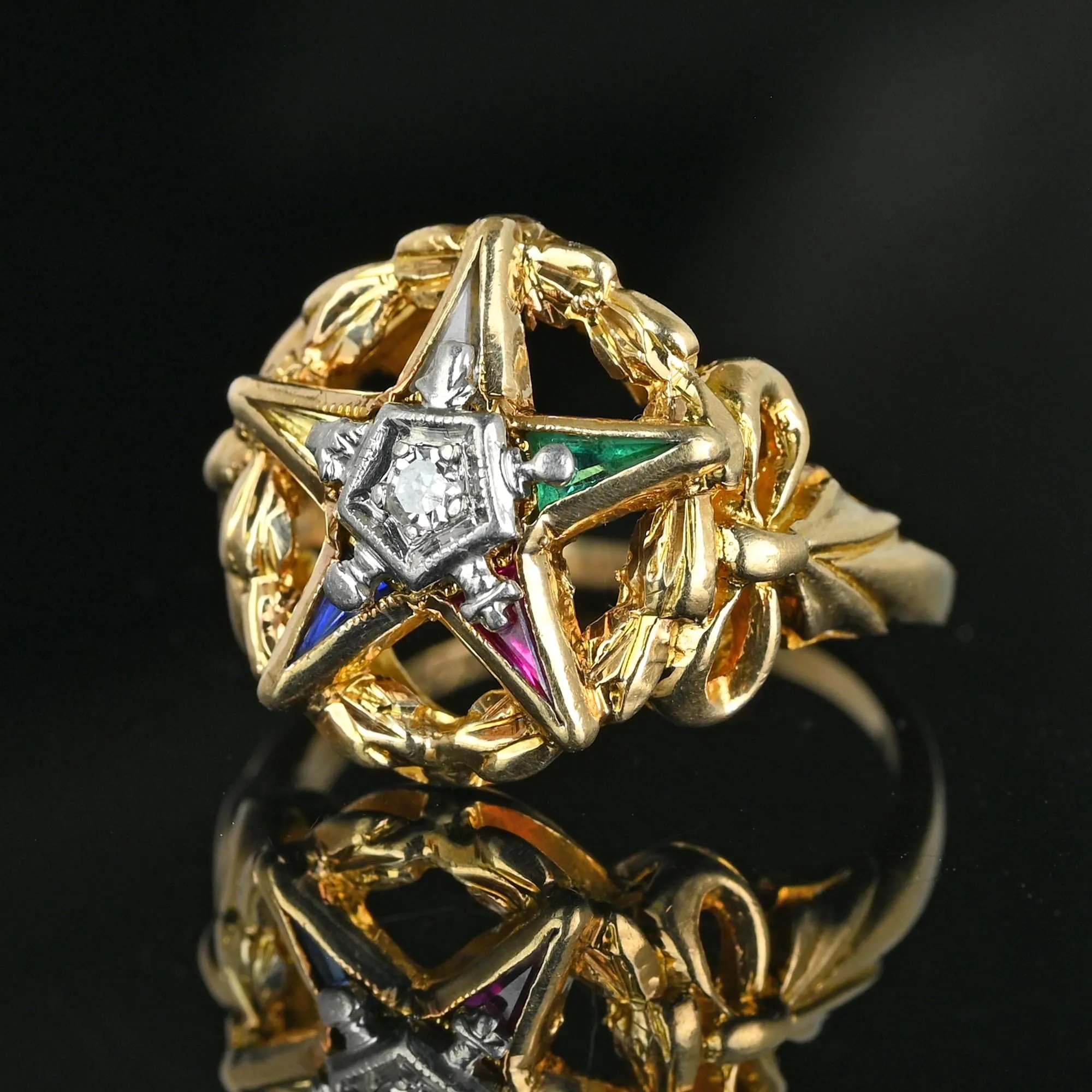 Vintage Diamond Gemstone OES Eastern Star Masonic Ring