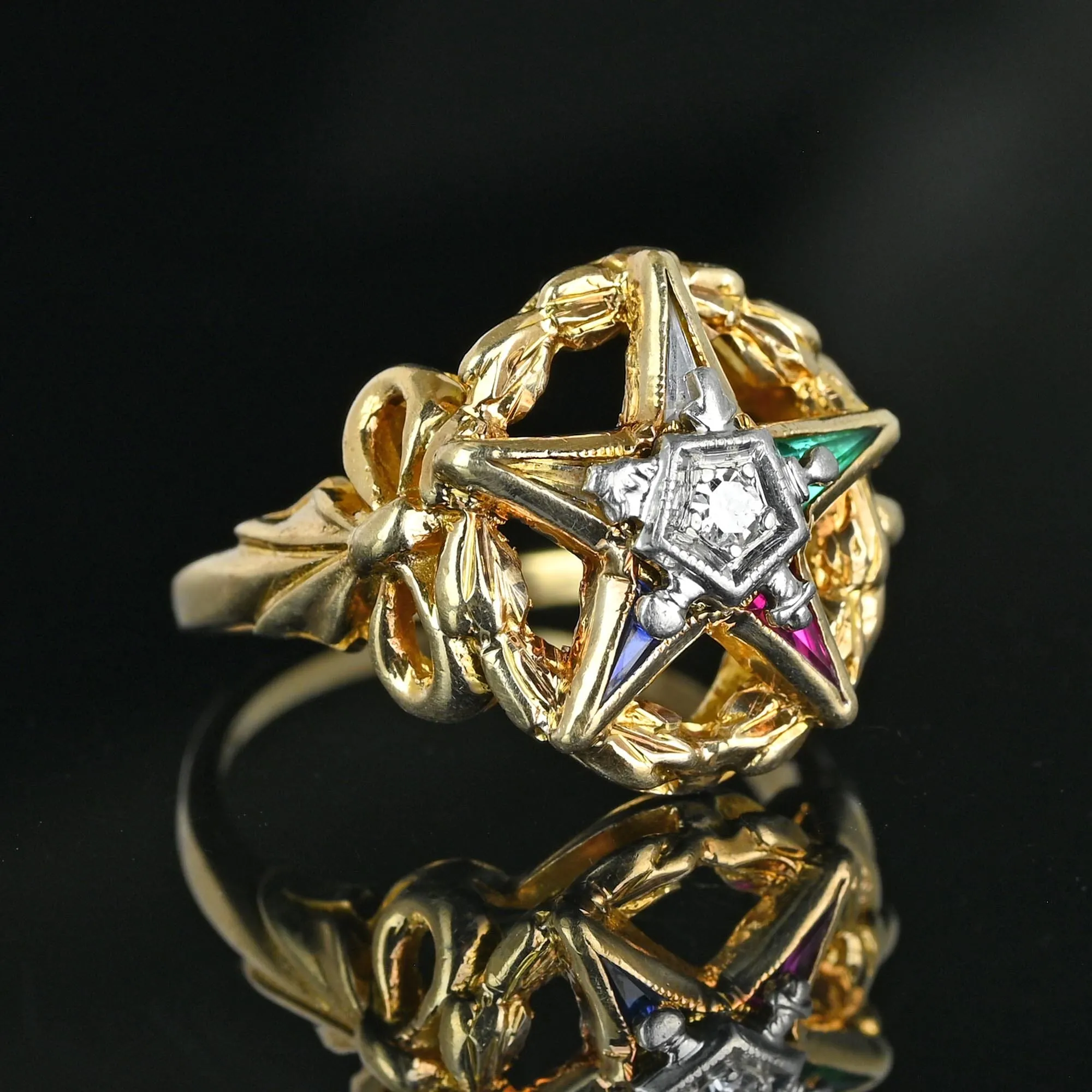 Vintage Diamond Gemstone OES Eastern Star Masonic Ring