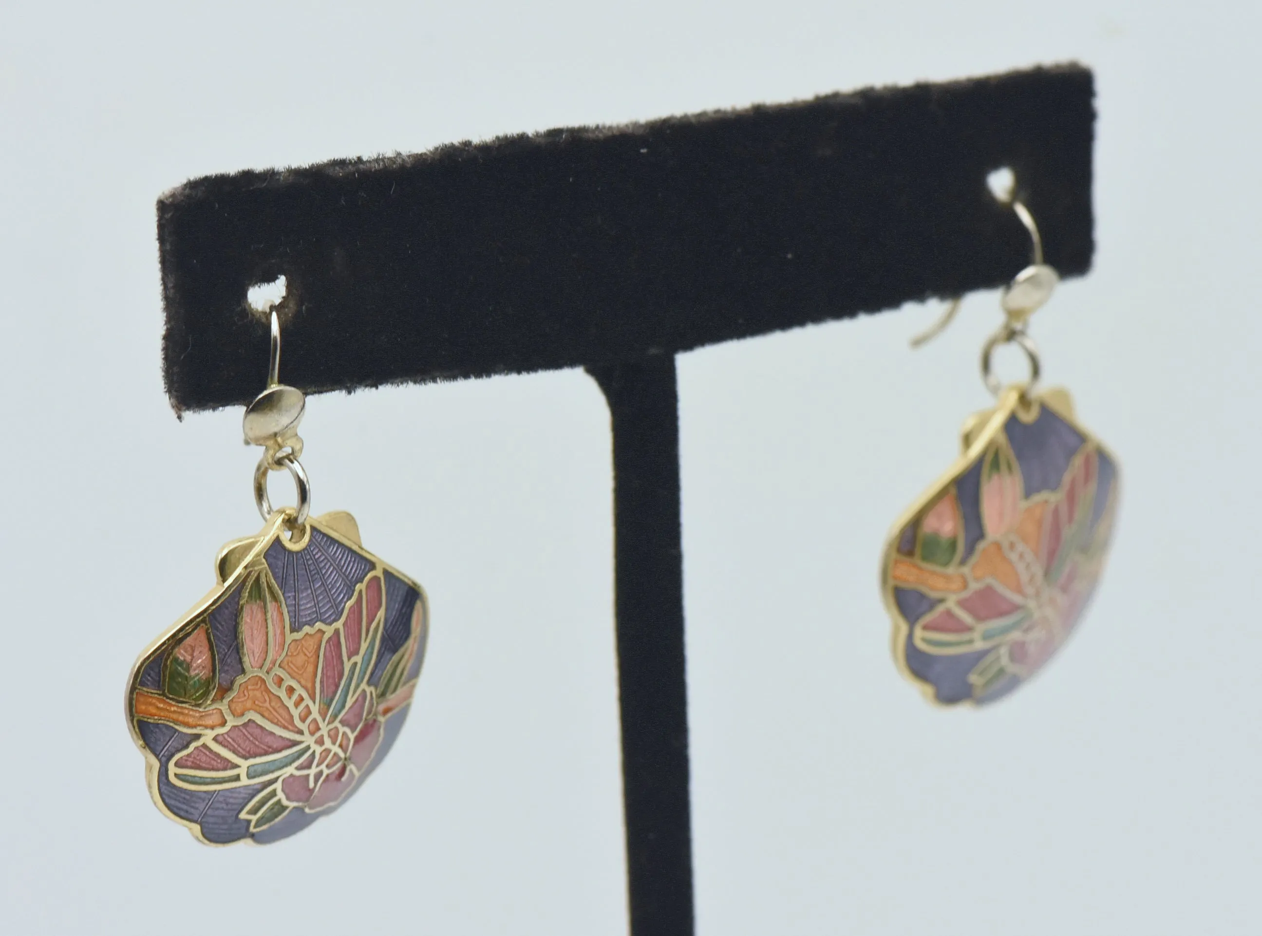 Vintage Enamel Butterfly and Floral Scallop Shell Dangle Earrings