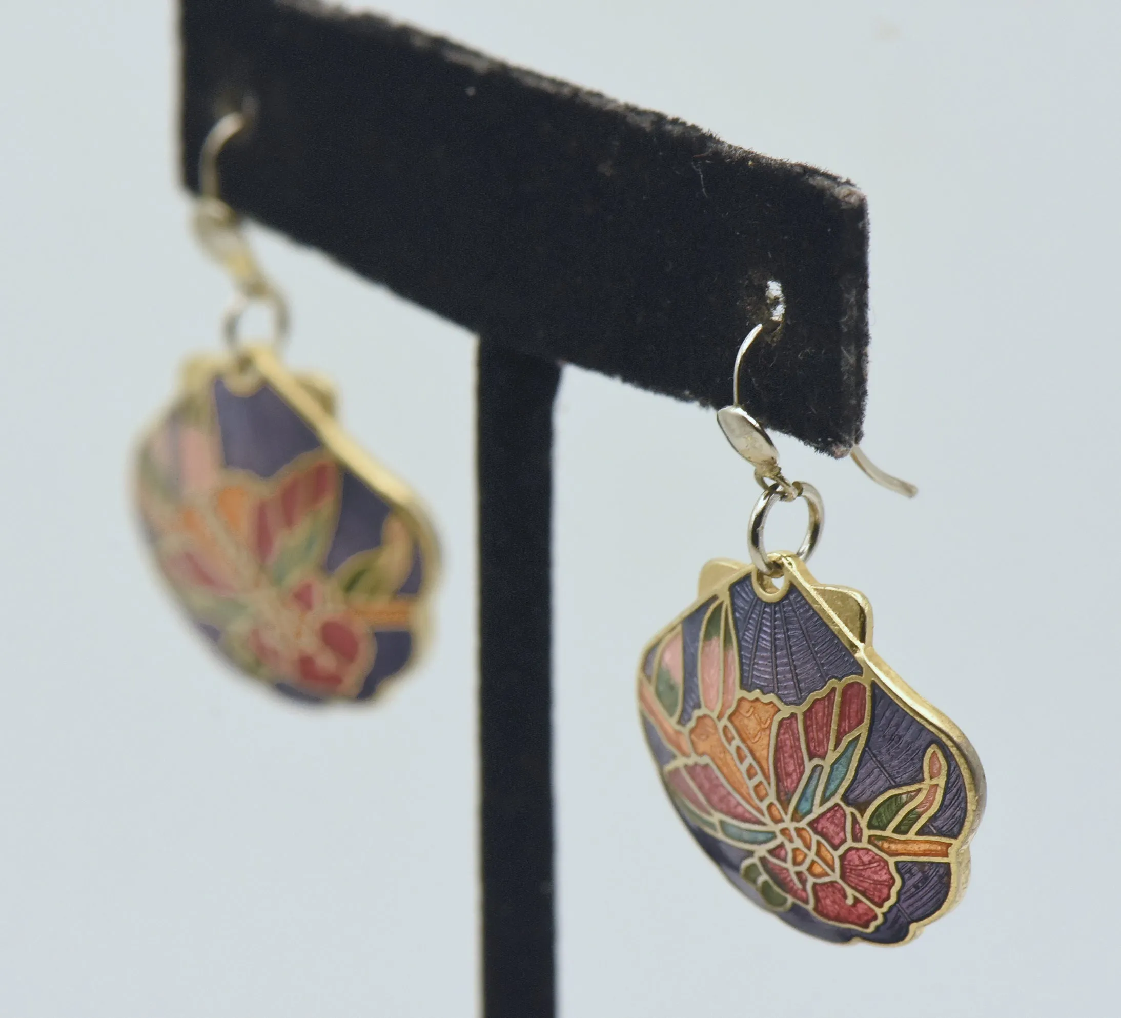 Vintage Enamel Butterfly and Floral Scallop Shell Dangle Earrings