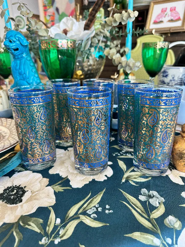 Vintage Glasses, Georges, Briard, Green and Blue Paisley, Highball