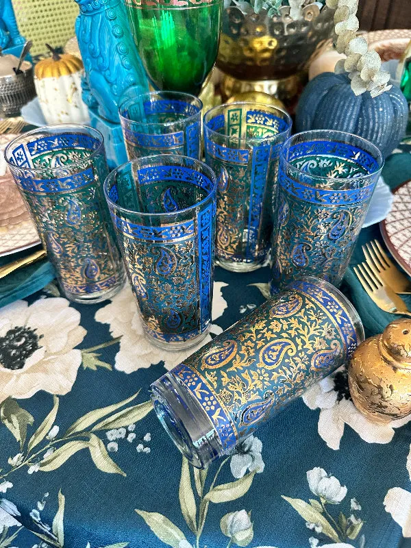 Vintage Glasses, Georges, Briard, Green and Blue Paisley, Highball