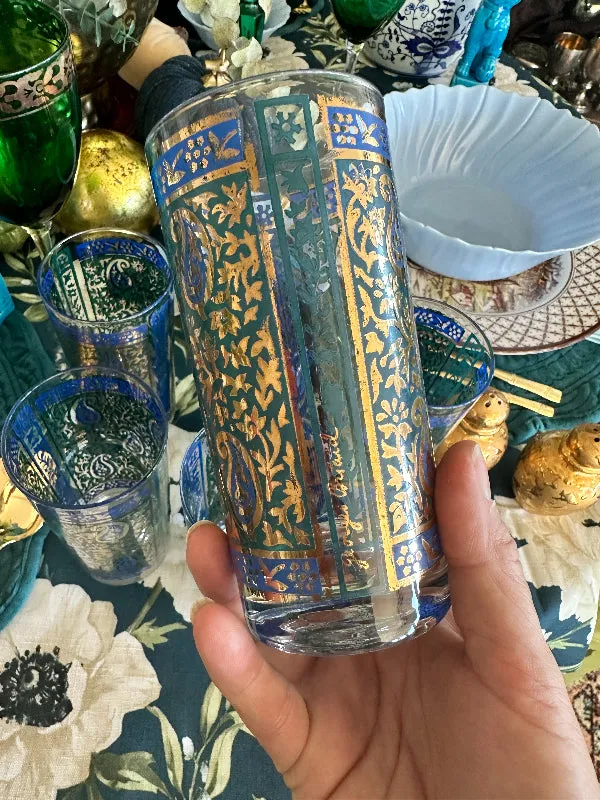 Vintage Glasses, Georges, Briard, Green and Blue Paisley, Highball