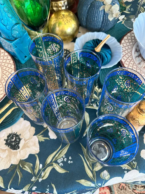 Vintage Glasses, Georges, Briard, Green and Blue Paisley, Highball