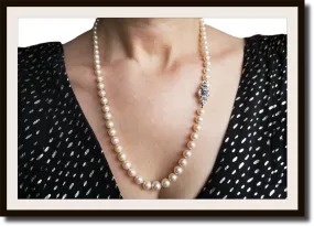 Vintage Graduated Cultured Akoya Pearl Necklace with Sapphire Diamond 18k Clasp